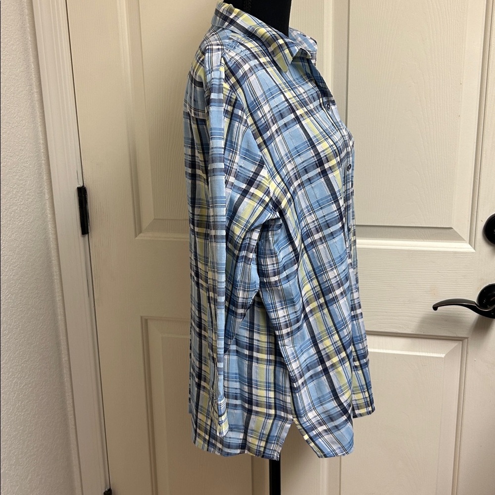 Allison Daley Plaid Button Up Shirt, Size Large, Blue and Yellow, Black EUC - Picture 4 of 9